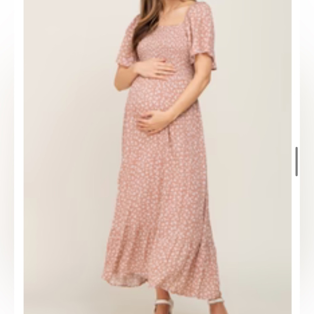 PinkBlush Maternity Blush Floral Smocked Maternity Midi Maxi Dress Square Neck - Picture 2 of 4